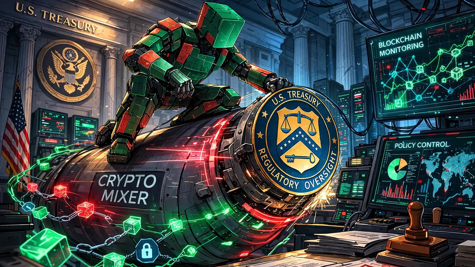 US Treasury oversees crypto mixer policy inside institutional financial chamber.