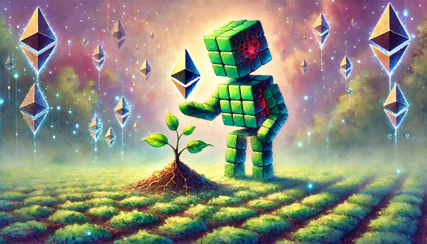 Watercolor fantasy robot plants Ethereum tokens in glowing field
