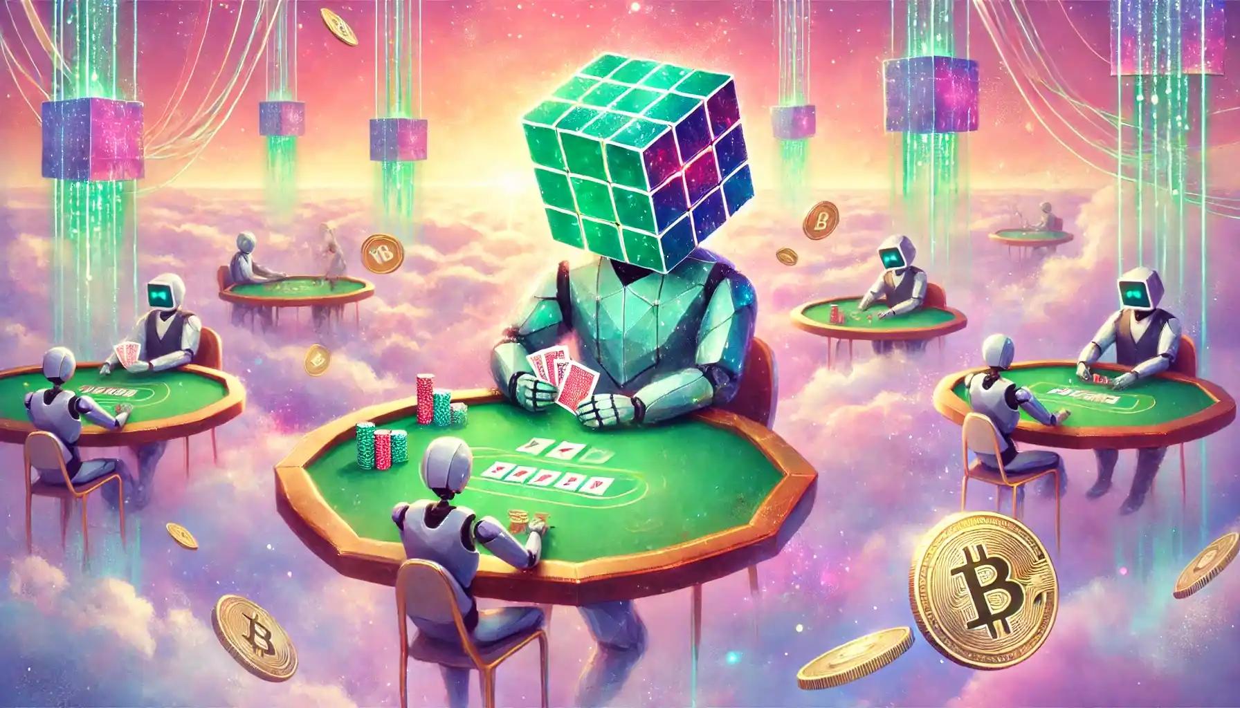 Watercolor metaverse casino with robot trading NFT gambling cards
