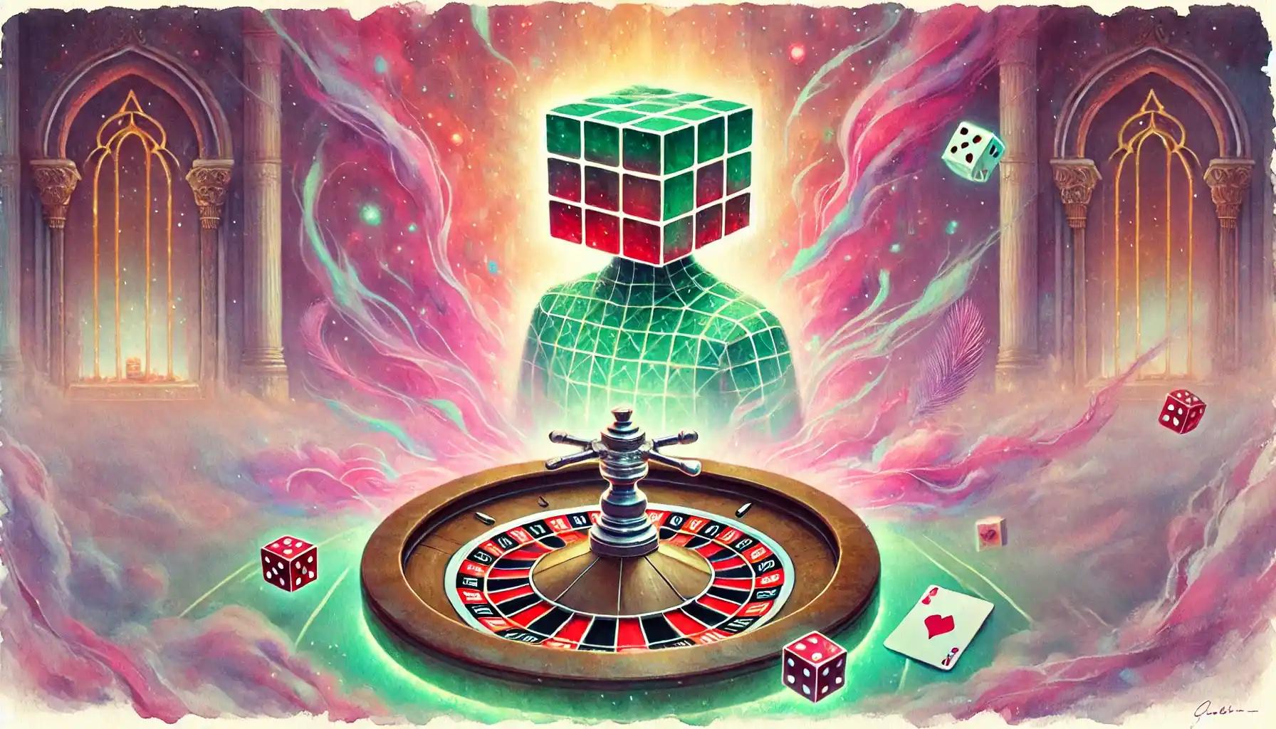 Watercolor robot playing roulette in a dreamlike casino