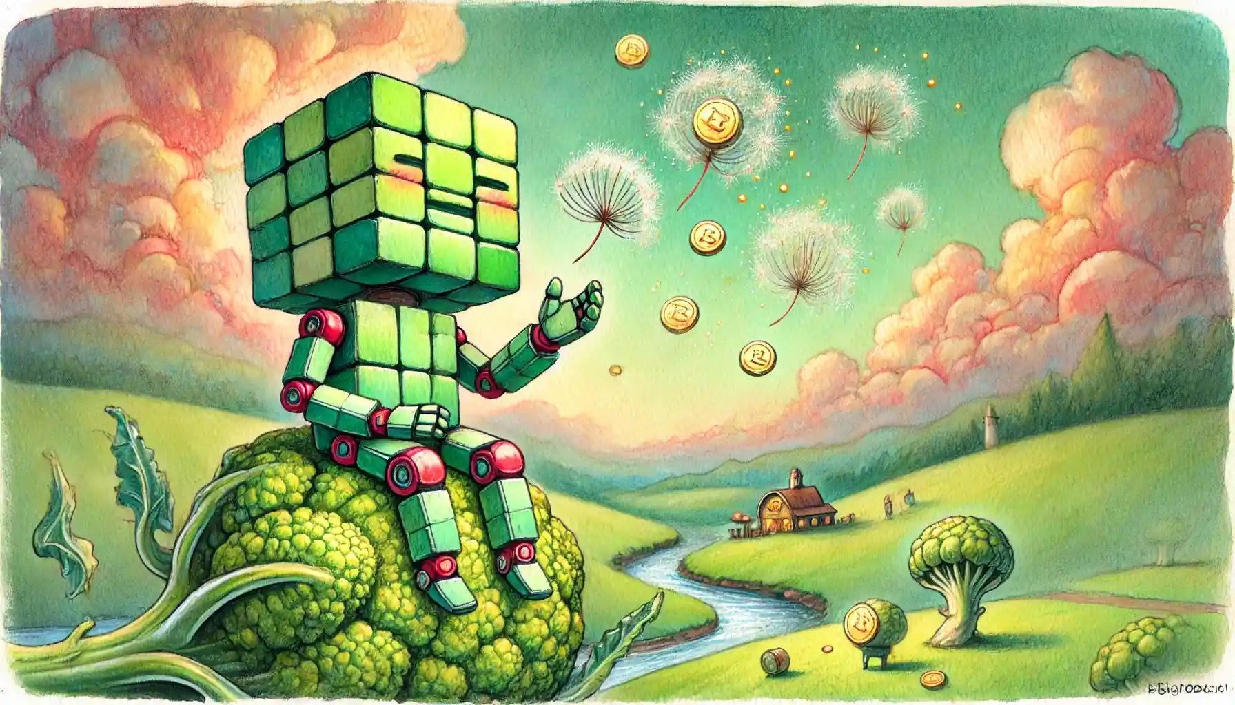 Whimsical storybook-style robot floating on a giant Broccoli floret