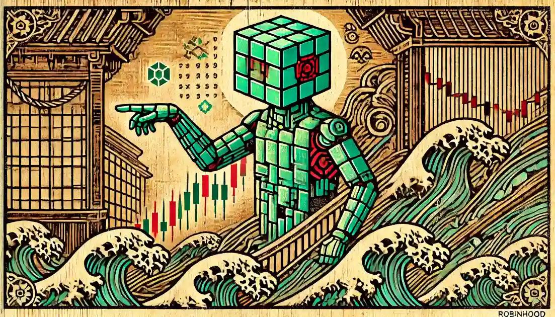 Woodblock print-inspired Robinhood crypto trading journey in finance