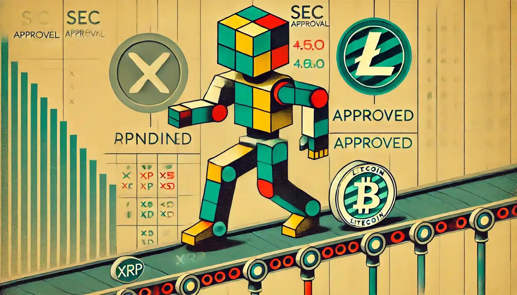 XRP and Litecoin ETF race visualized in mid-century modern style