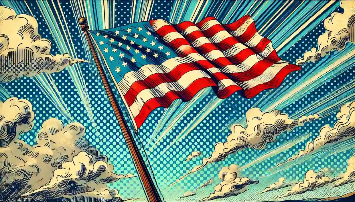 an American flag waving in the wind against a bright blue sky with scattered white clouds