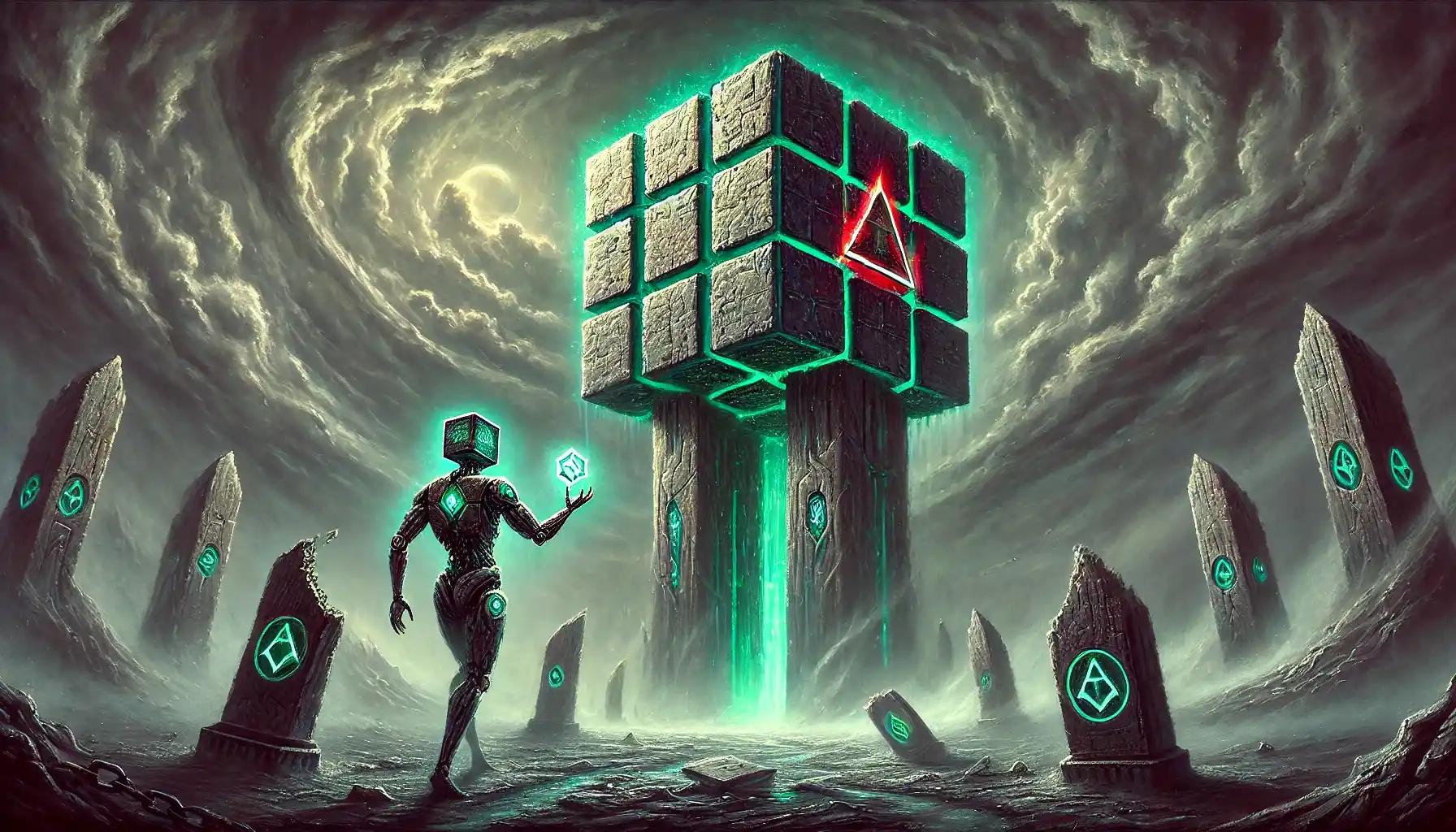 cubic humanoid robot before the towering TON blockchain gate