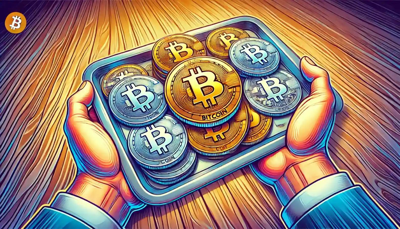 hands holding gold and silver Bitcoin coins over a metal tray on a wooden surface