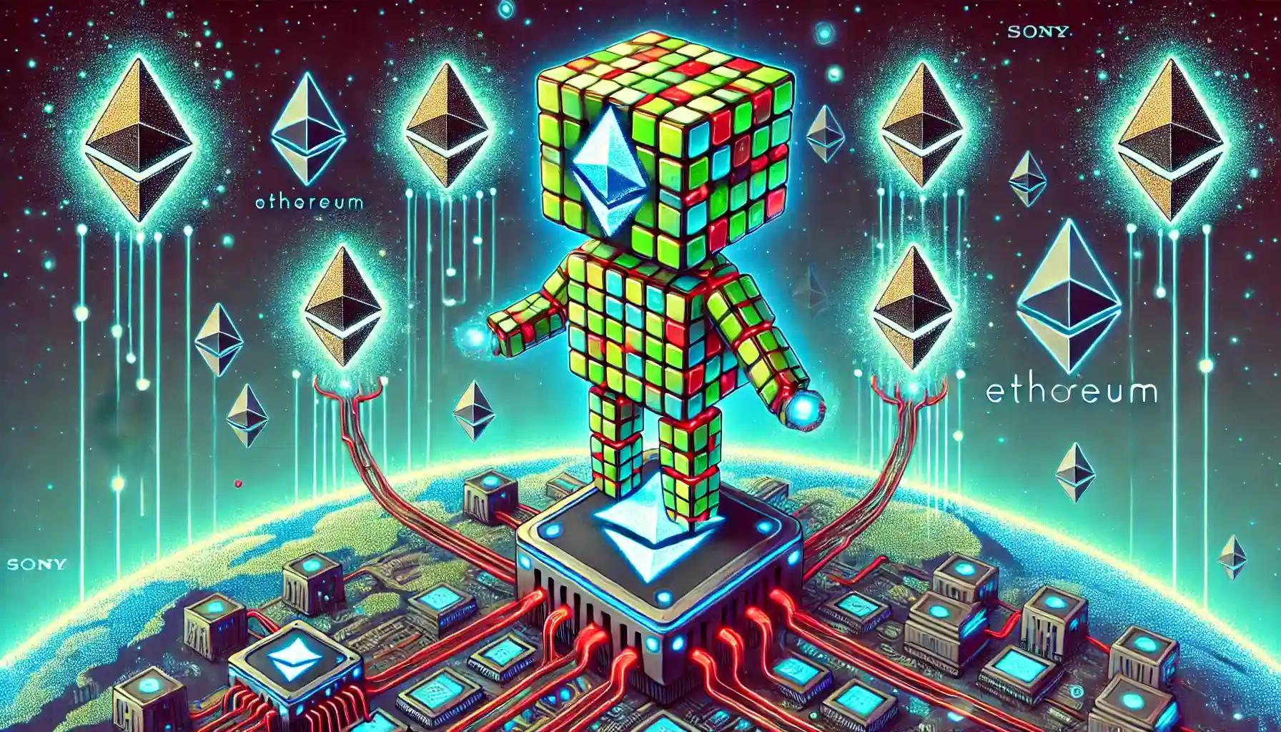 robot connects Ethereum nodes on circuit board landscape