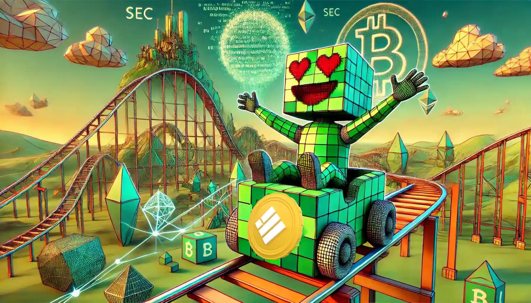 robot rides blockchain rollercoaster through fantastical crypto landscape